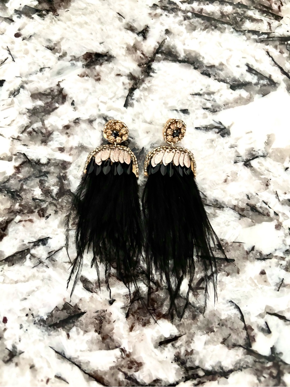 Black Feather Drop Earrings with Gold Accents